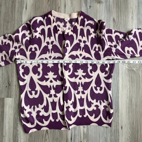J. Crew Purple & White Merino Wool Cardigan with 3/4 Sleeves, Size Large - Picture 9 of 9